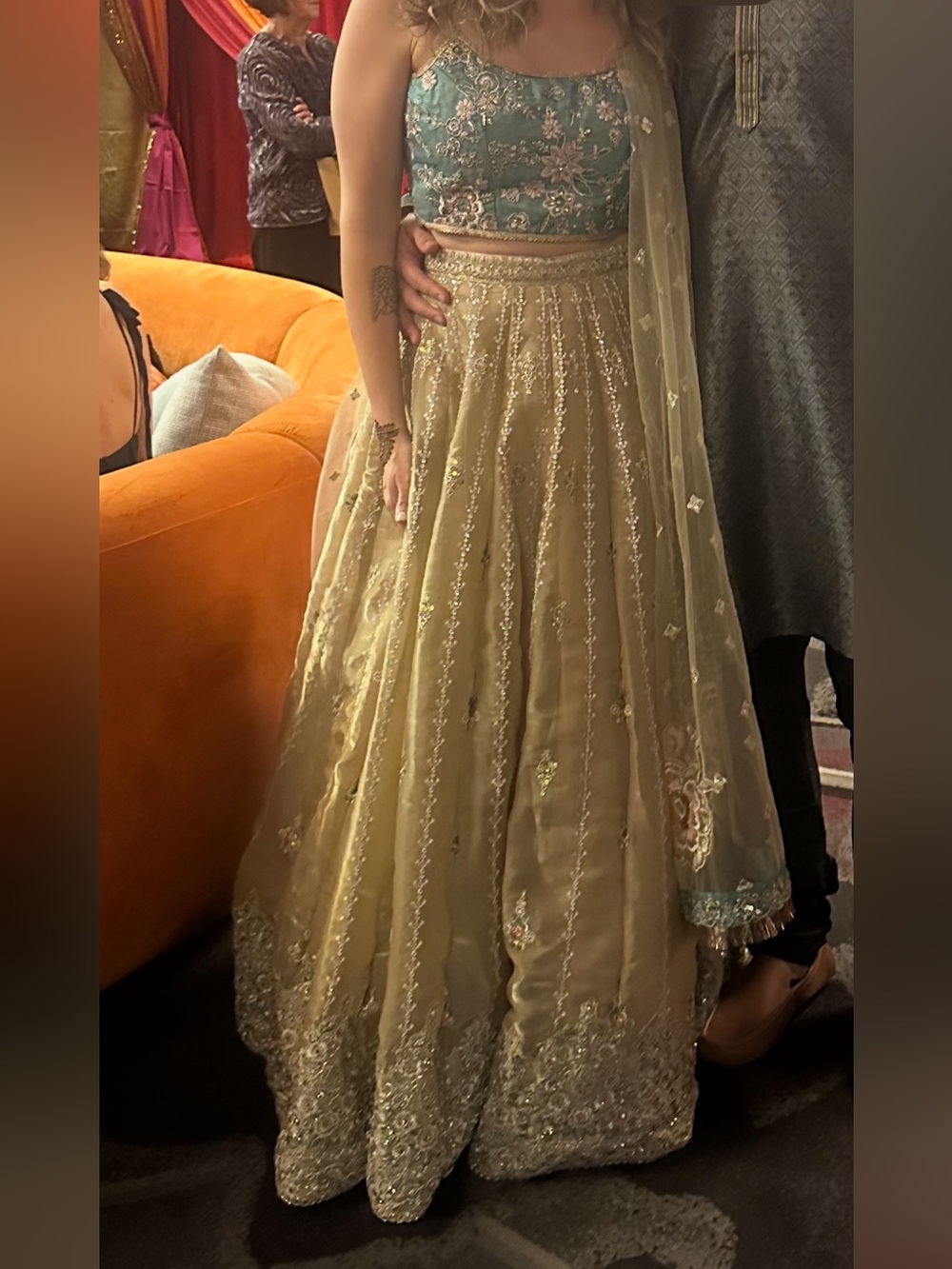 Gold and Teal Embellished Lehenga